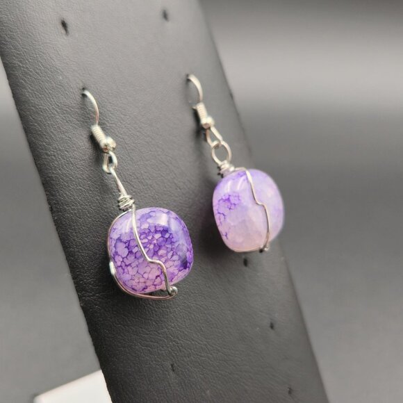 Silver Plated Purple Unique Handmade Glass Dangle Earrings A6098 - Picture 2 of 5